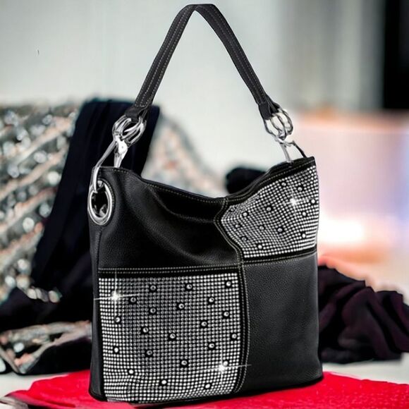 14. Black Rhinestones Studded Bling Shoulder Handbag Purse Vegan Leather - Picture 4 of 6